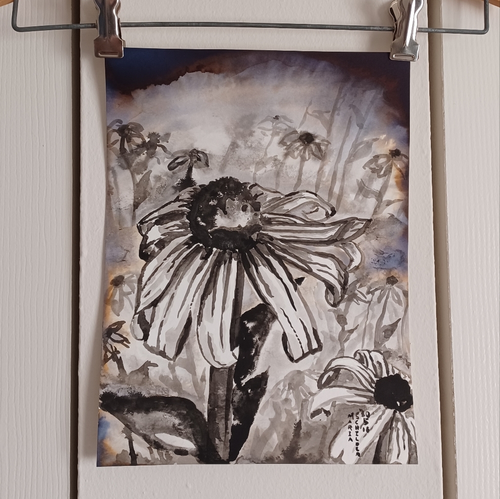 ORIGINAL ART "Cone Flowers In Ink" Colored Ink Painting Wall Art